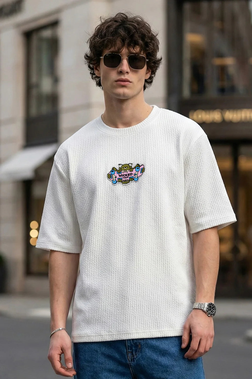 Wicked Trip White Oversized Textured T-shirt
