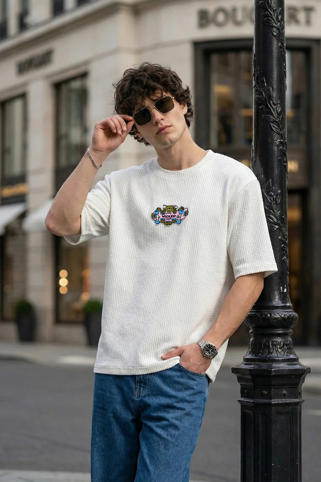 Wicked Trip White Oversized Textured T-shirt