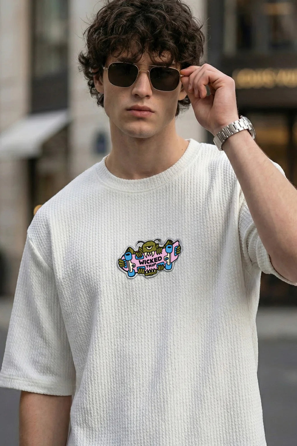 Wicked Trip White Oversized Textured T-shirt