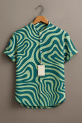 Men's Teal Green Abstract Wave Printed Mandarin Collar Half Sleeve Casual Shirt