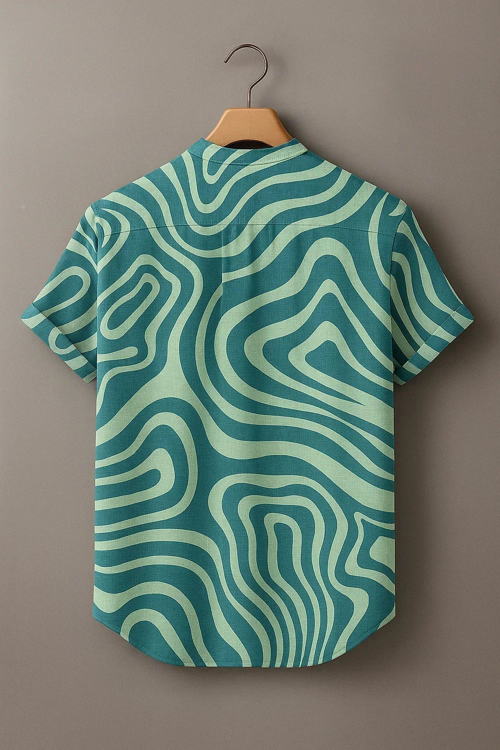 Men's Teal Green Abstract Wave Printed Mandarin Collar Half Sleeve Casual Shirt