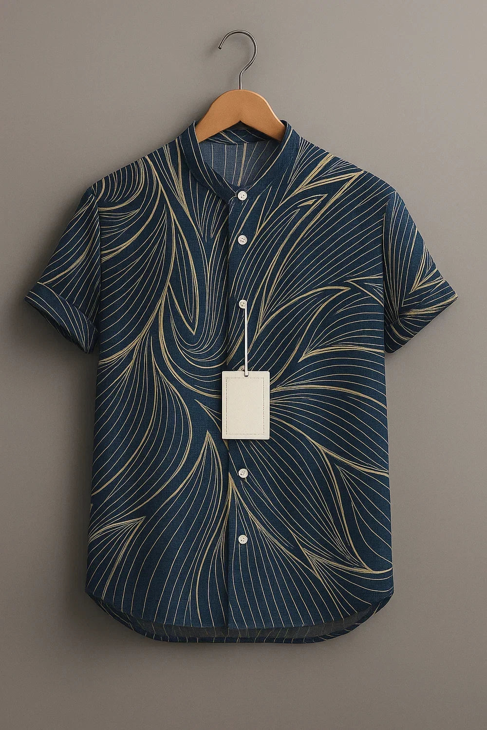 Men's Navy Blue Abstract Leaf Line Printed Mandarin Collar Half Sleeve Casual Shirt