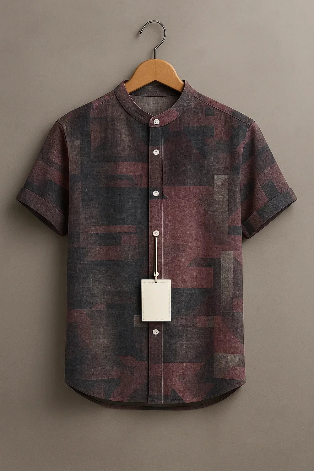 Men's Maroon Geometric Abstract Printed Mandarin Collar Half Sleeve Casual Shirt