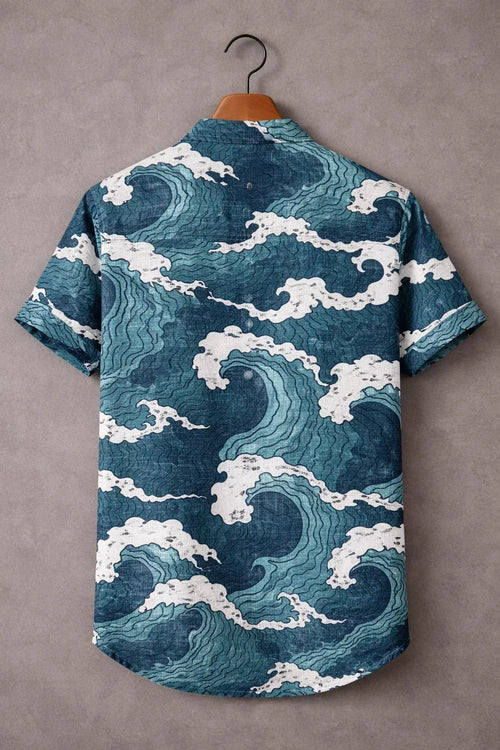 Men's Blue Ocean Wave Printed Mandarin Collar Half Sleeve Casual Shirt