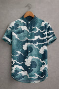 Men's Blue Ocean Wave Printed Mandarin Collar Half Sleeve Casual Shirt