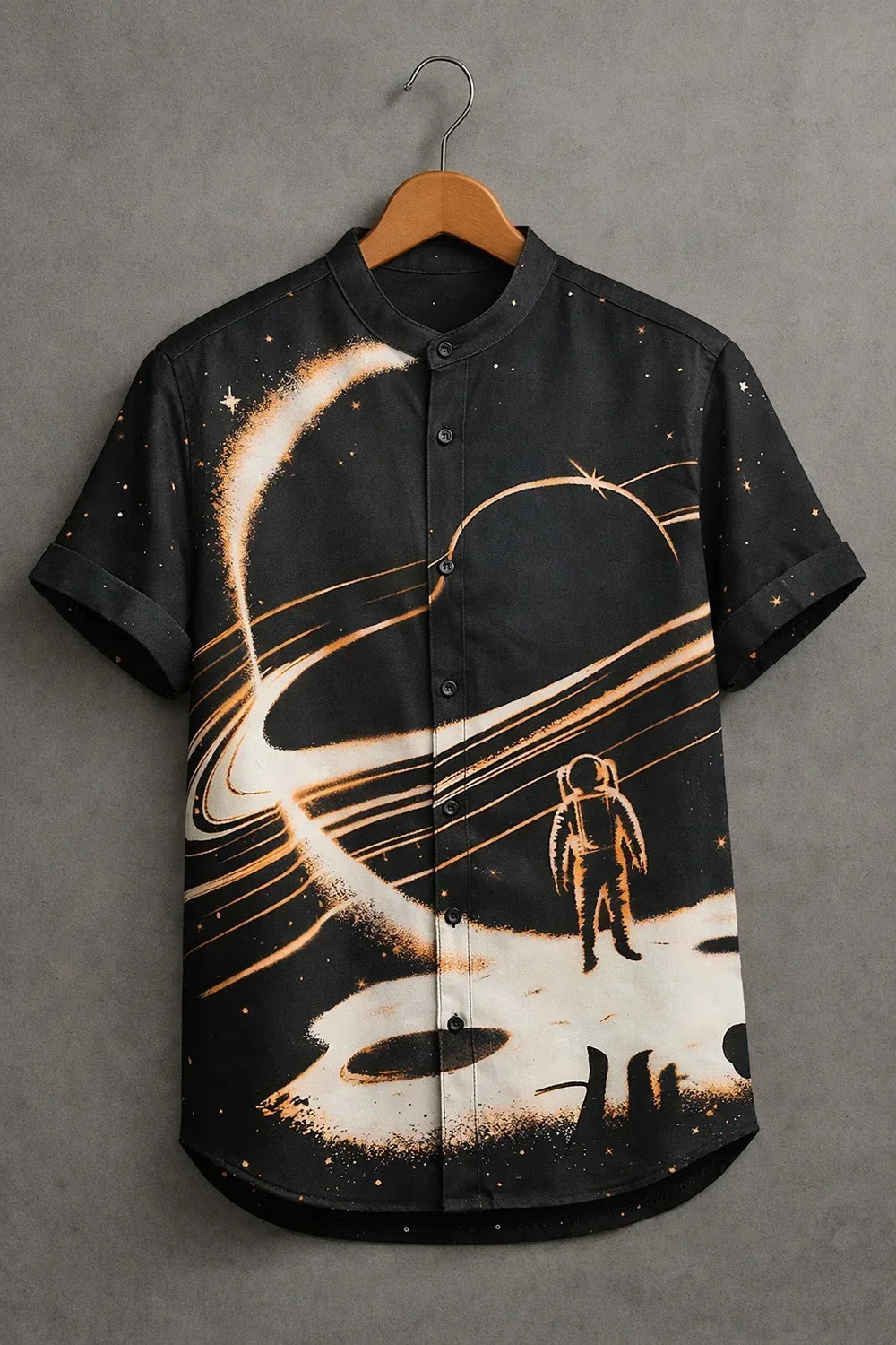 Premium Black Galaxy Astronaut Print Mandarin Collar Shirt for Men