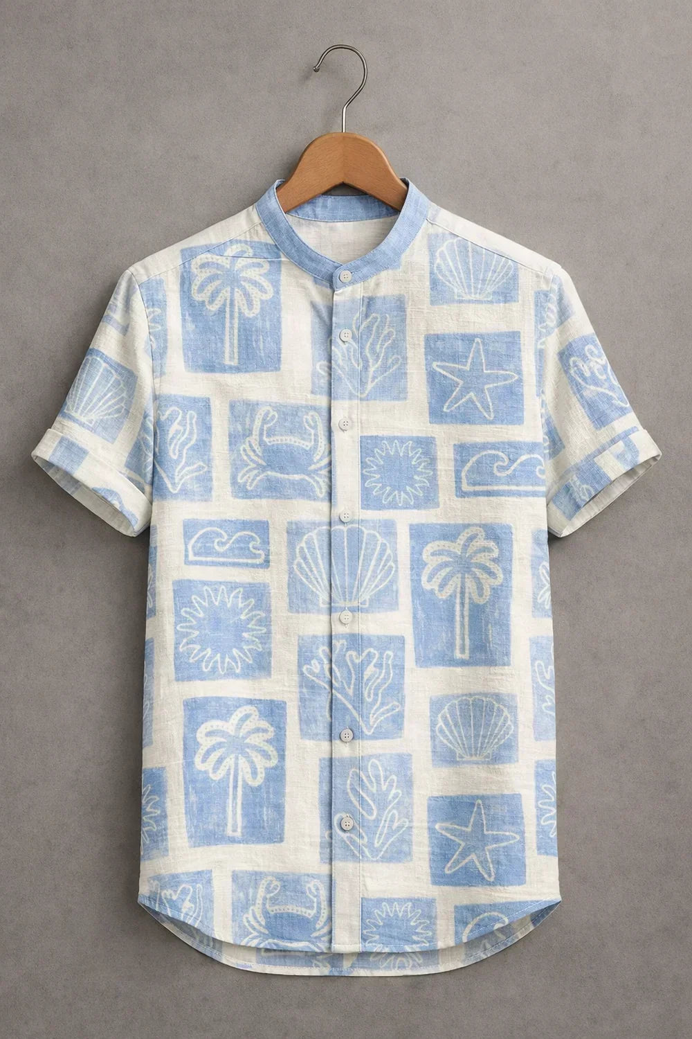 Men's Premium Sky Blue Tropical Print Mandarin Collar Half Sleeve Shirt