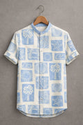 Men's Premium Sky Blue Tropical Print Mandarin Collar Half Sleeve Shirt