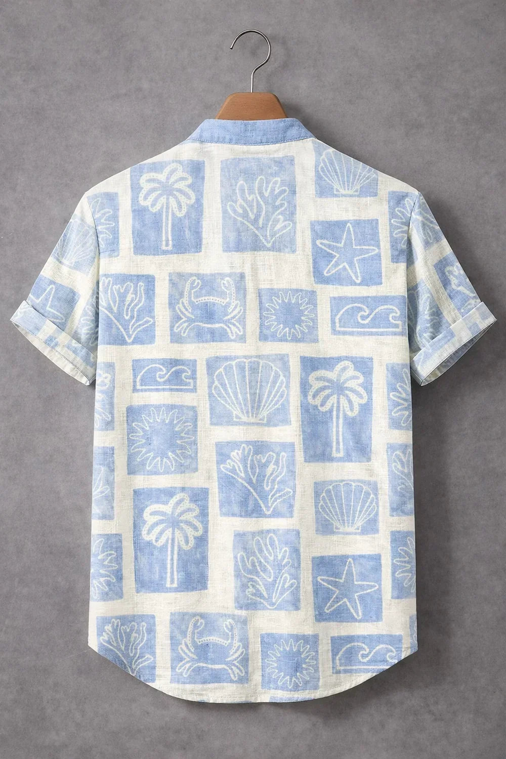 Men's Premium Sky Blue Tropical Print Mandarin Collar Half Sleeve Shirt