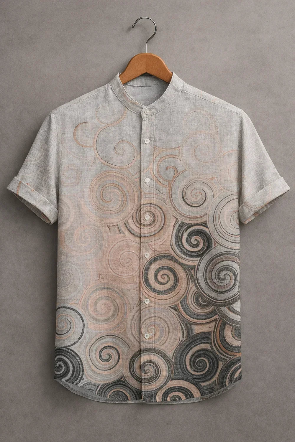 Men's Light Grey Abstract Spiral Printed Mandarin Collar Half Sleeve Casual Shirt