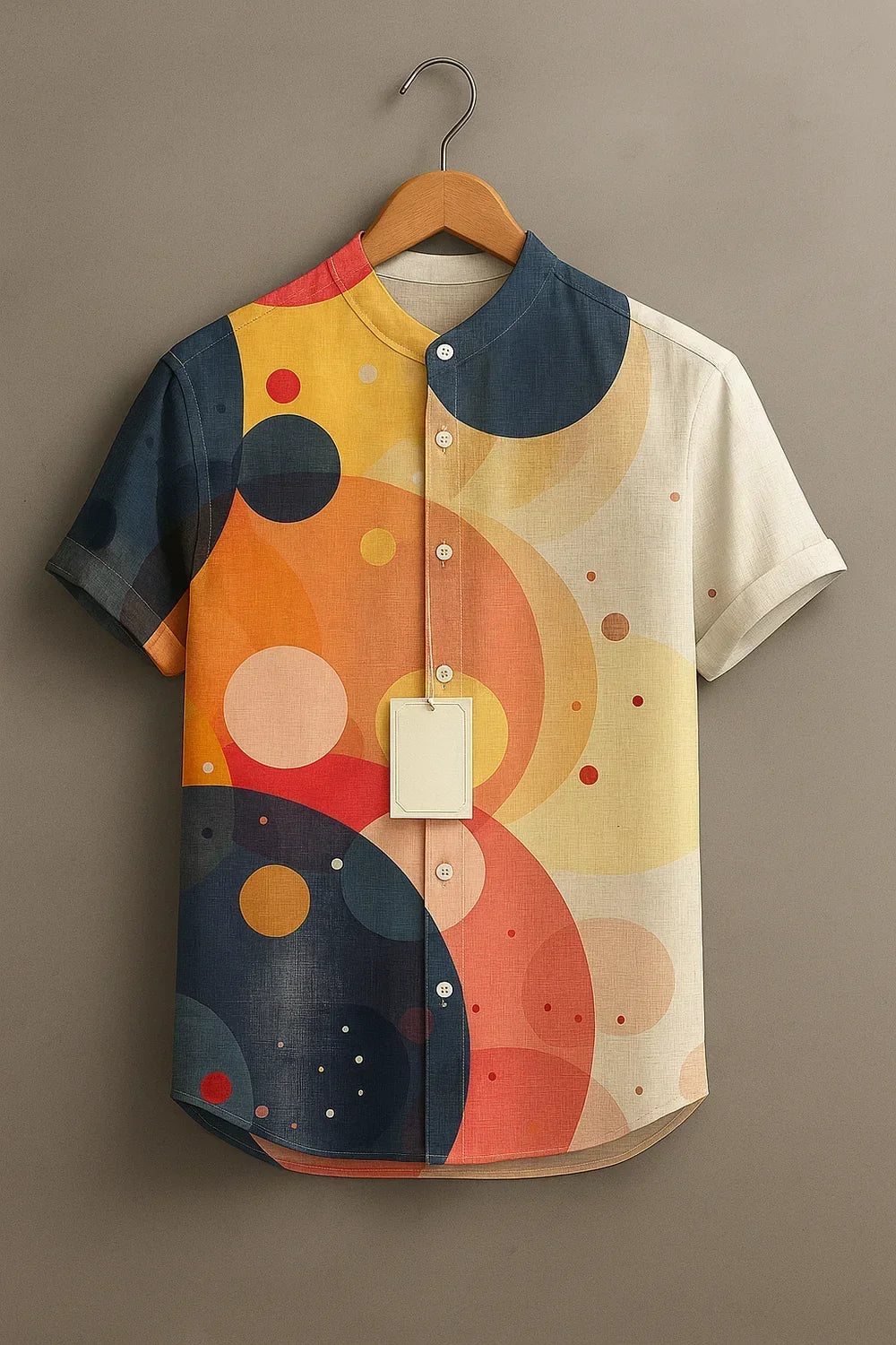 Men's Multicolor Abstract Circle Printed Mandarin Collar Half Sleeve Casual Shirt