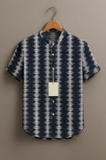 Men's Navy Blue Ikat Printed Mandarin Collar Half Sleeve Casual Shirt